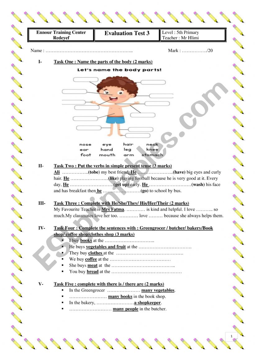 Evaluation Test 5th Primary  worksheet