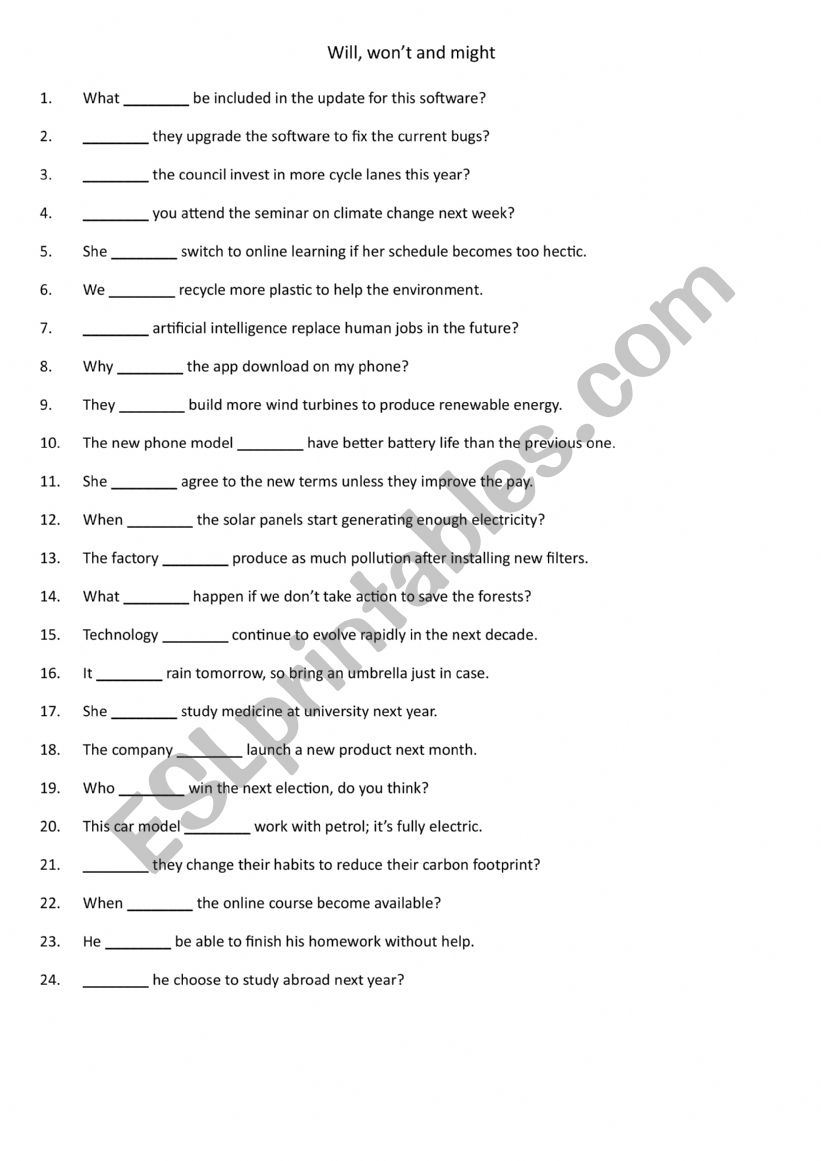 Will, won�t and might 2 worksheet