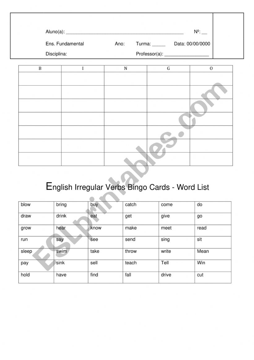 Bingo worksheet