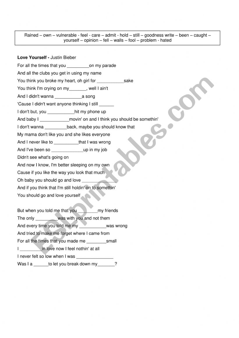 Love Yourself worksheet