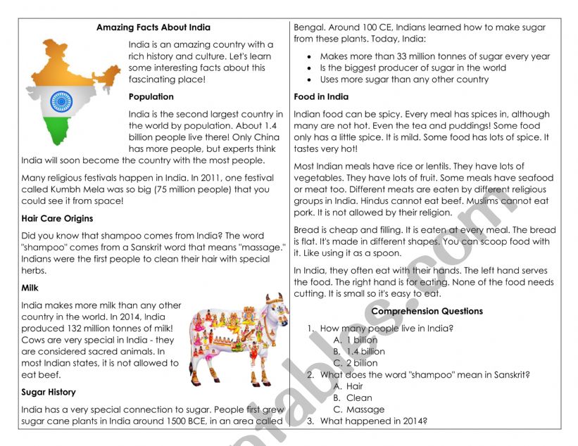 Amazing facts about India worksheet