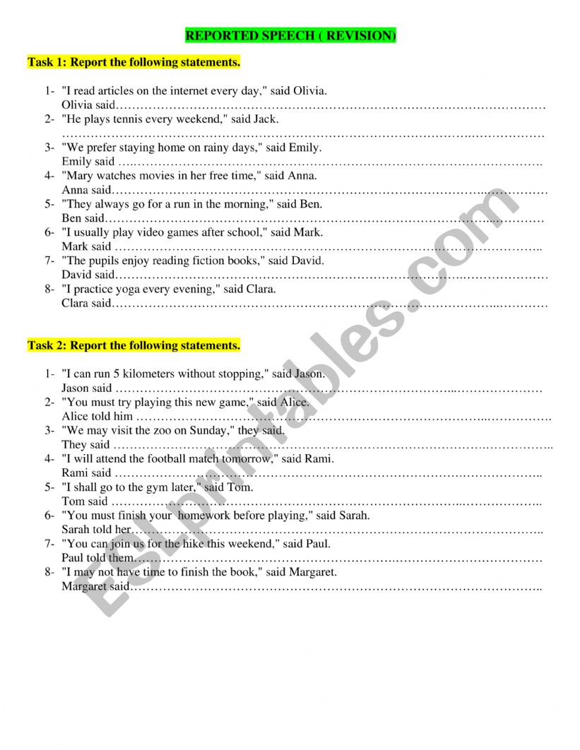 REPORTED SPEECH ( REVISION) worksheet