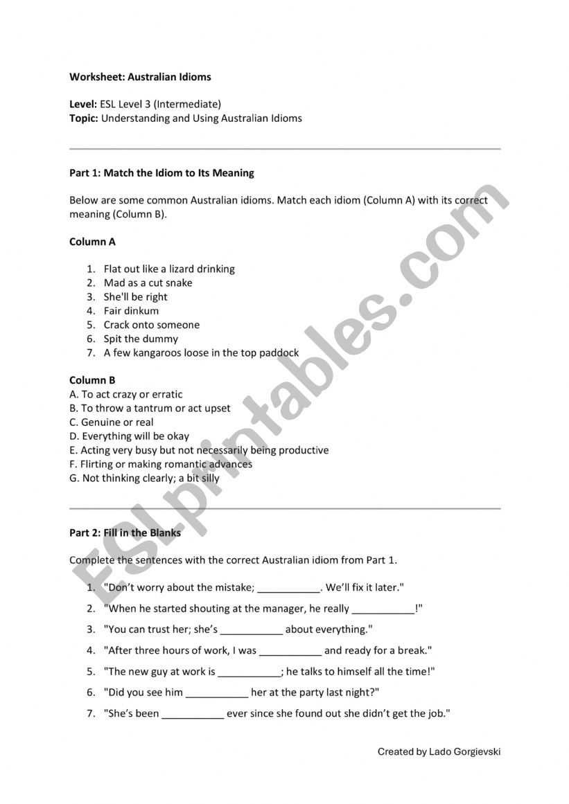 Australian Idioms worksheet