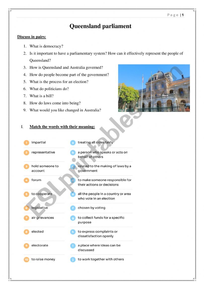 Queensland Parliament  worksheet