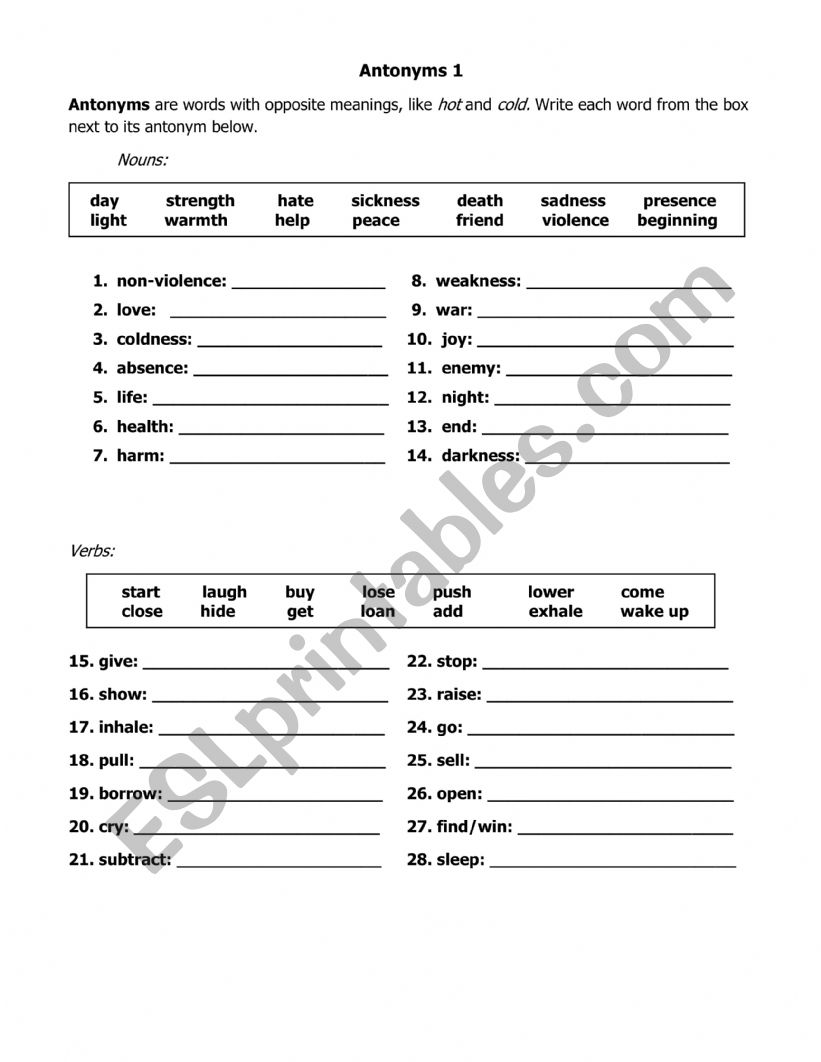 Antonyms 1 worksheet