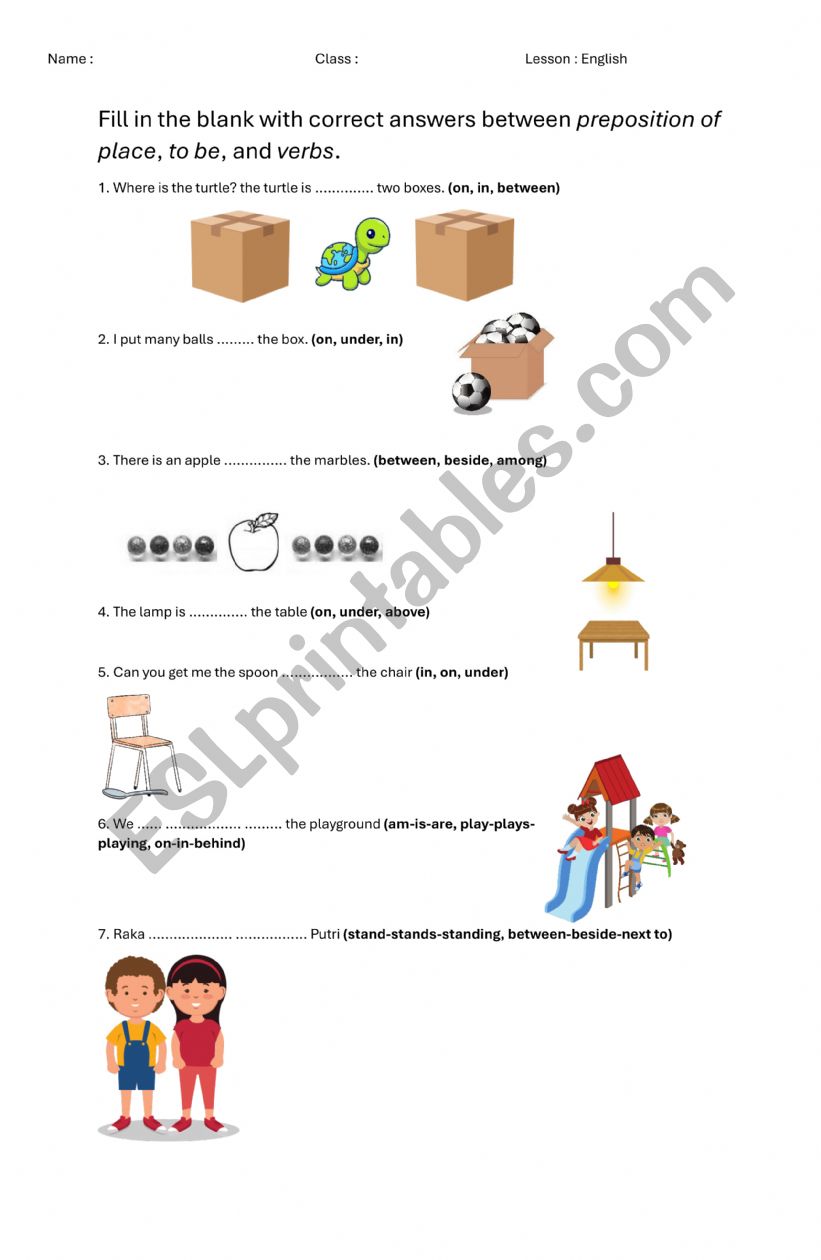 Practice in Preposition of place and verb