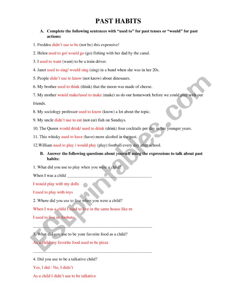 Past Habits worksheet