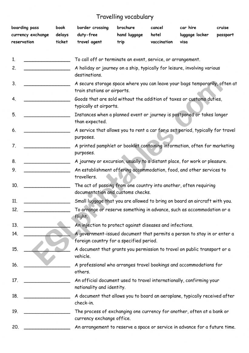 A1+-A2 Travelling vocabulary worksheet