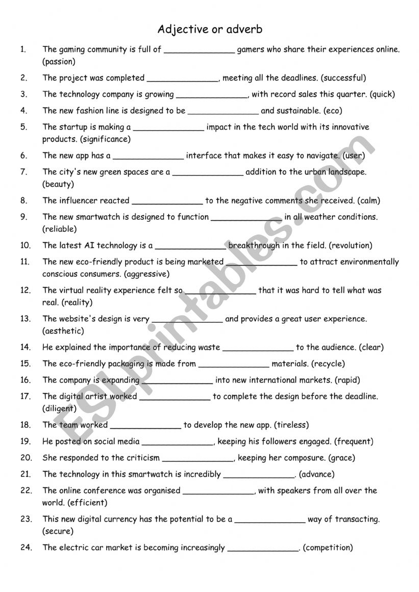 Adjective or adverb 3 worksheet