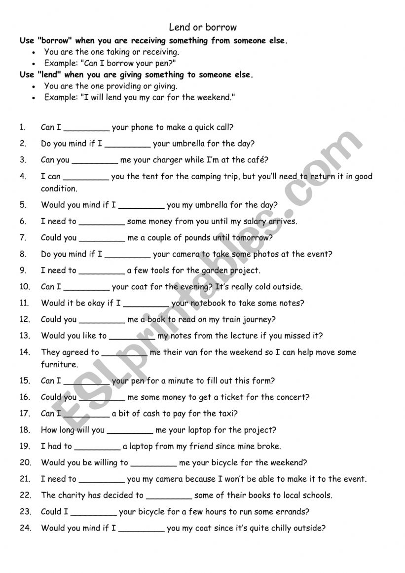 Lend or borrow 2 worksheet