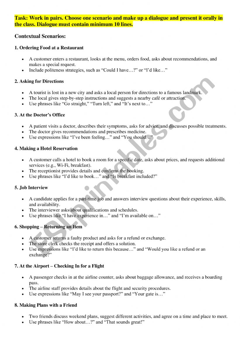 Contextual dialogues worksheet