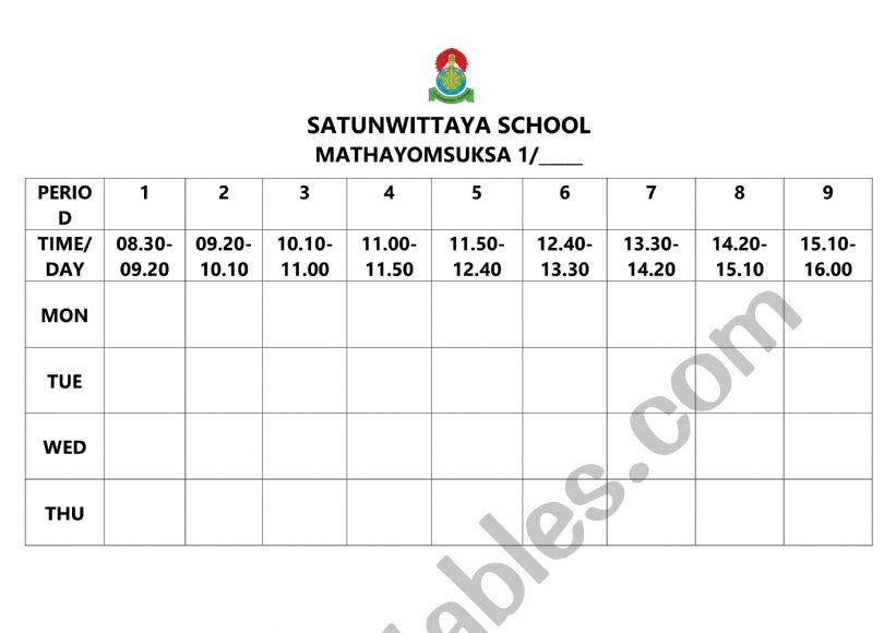 School timetable worksheet