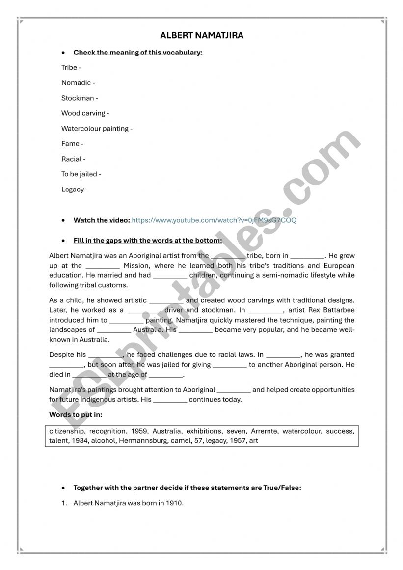 Albert Namatjira worksheet