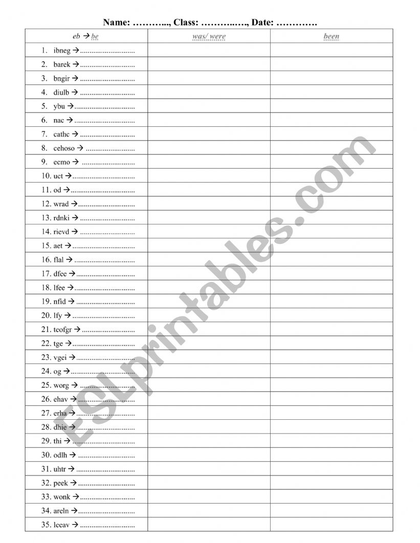 Irregular Verb - Unscramble worksheet