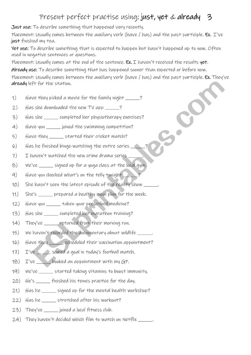 A2-B1 Present perfect practise using just, yet & already 3