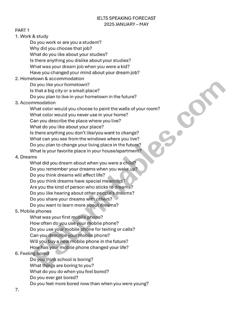 IELTS Speaking questions worksheet