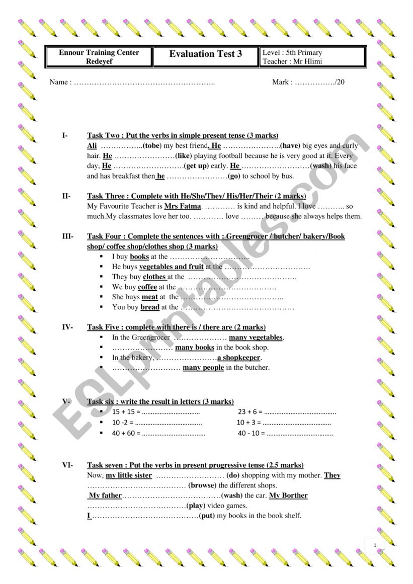 Evaluation Test 5th Primary Students