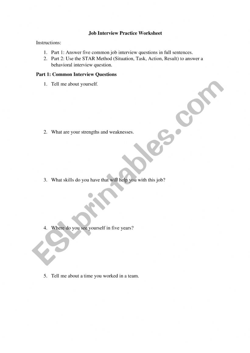 Job Interview Practice Sheet worksheet