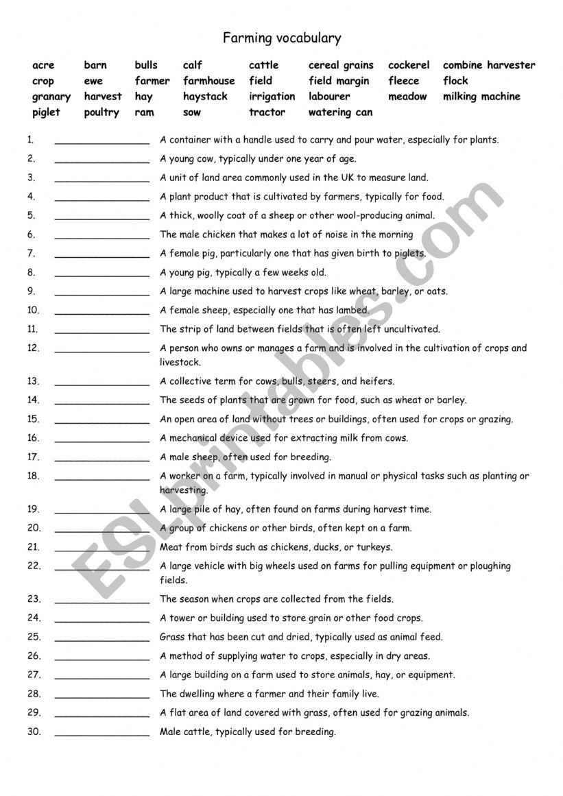 A2-B1 Farming vocabulary worksheet