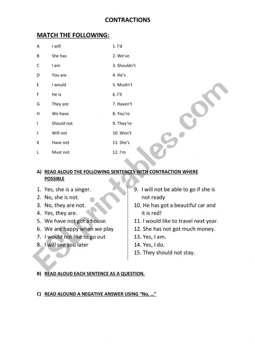 Contractions worksheet