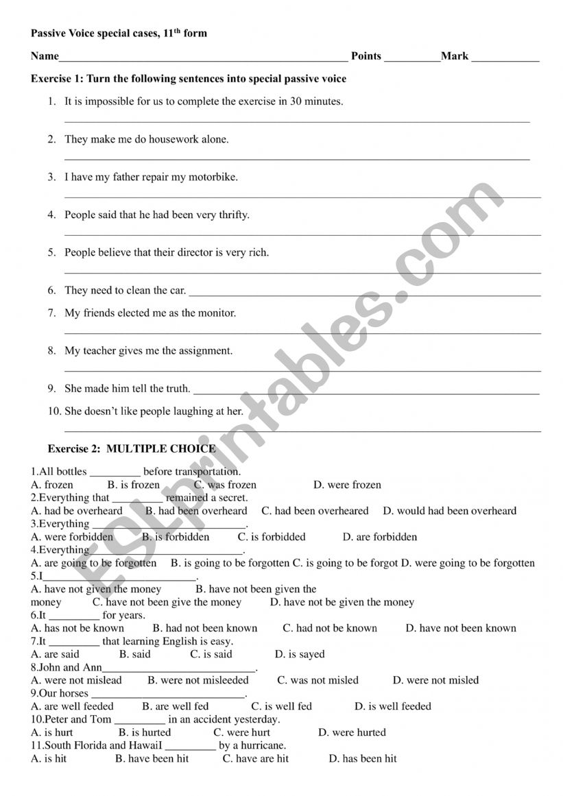 Passive voice special cases worksheet