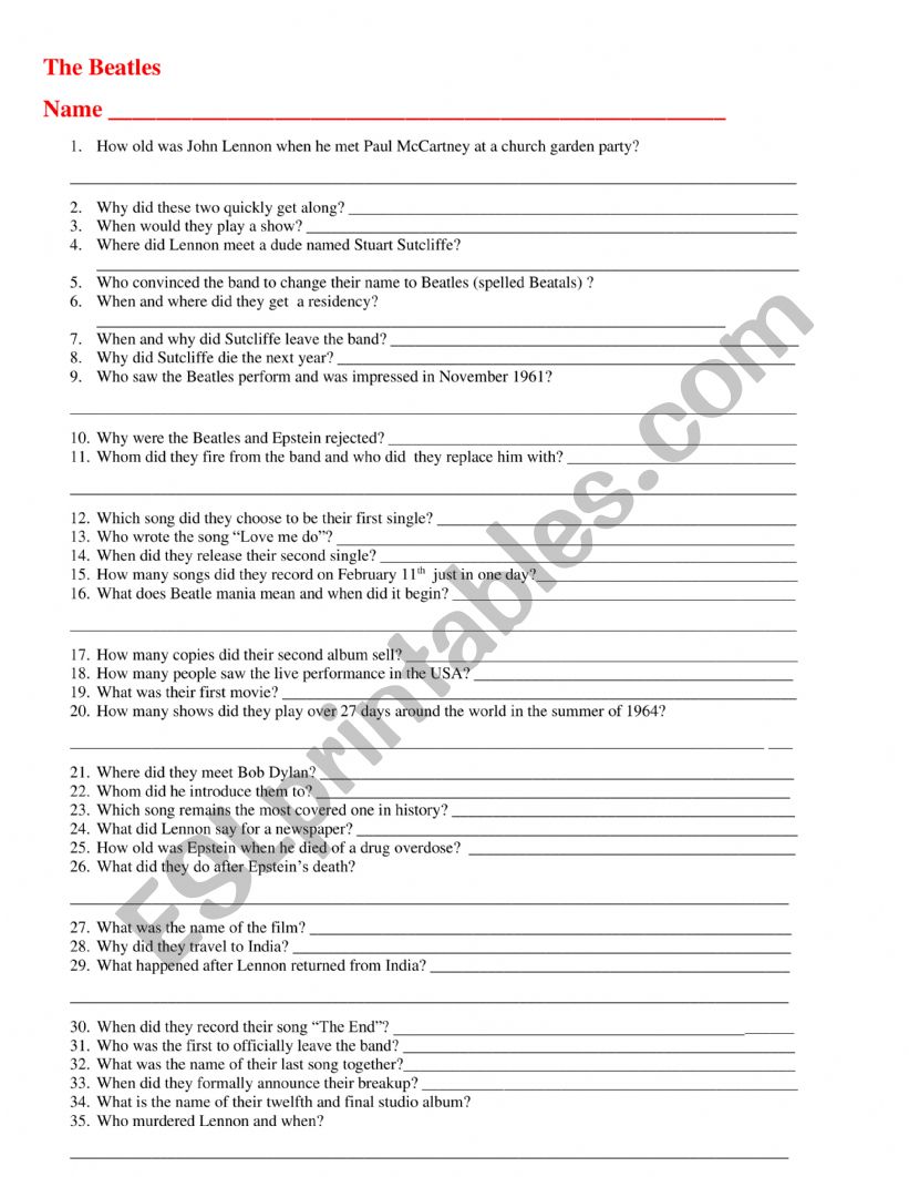 The Beatles worksheet