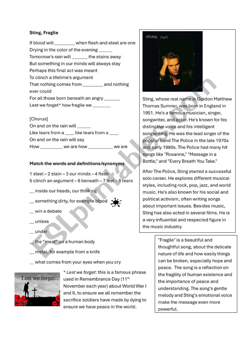 Sting, Fragile (song worksheet)