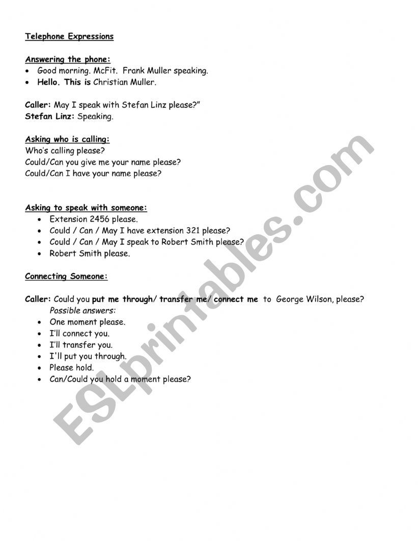 Telephone Expressions worksheet