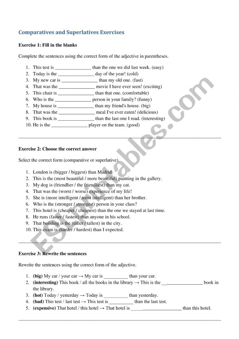 Comparatives and superlatives worksheet