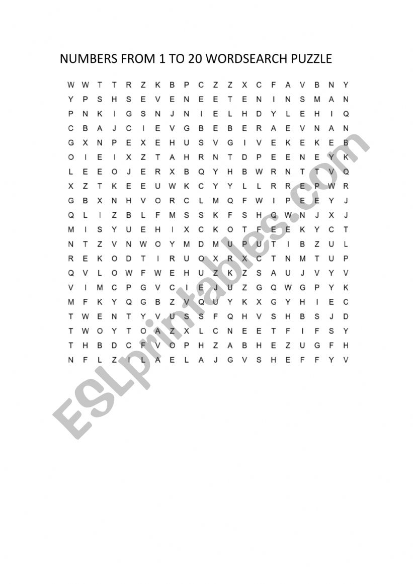 NUMBERS FROM 1 TO 20 WORDSEARCH PUZZLE