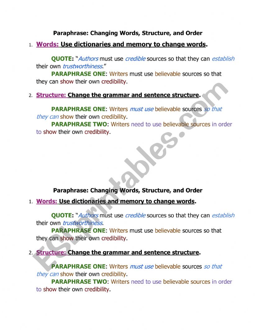 Paraphrasing: Changing Words, Structure, and Order