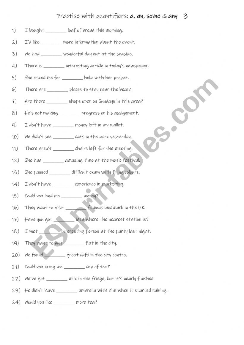 A1-A2 Practise with quantifiers a , an , some & any 3