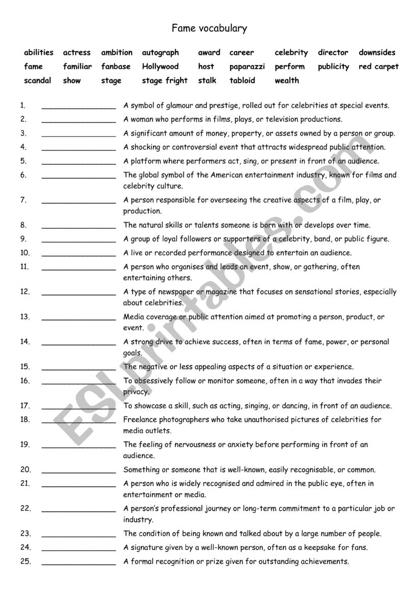 Fame vocabulary worksheet