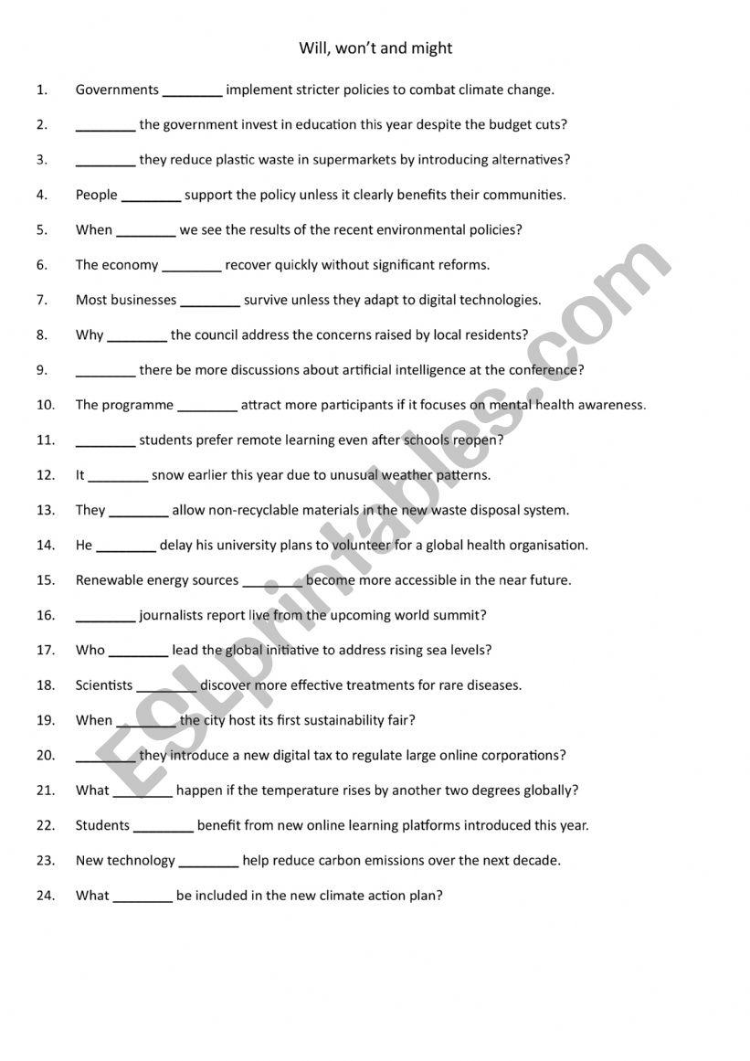 Will, won�t and might 4 worksheet