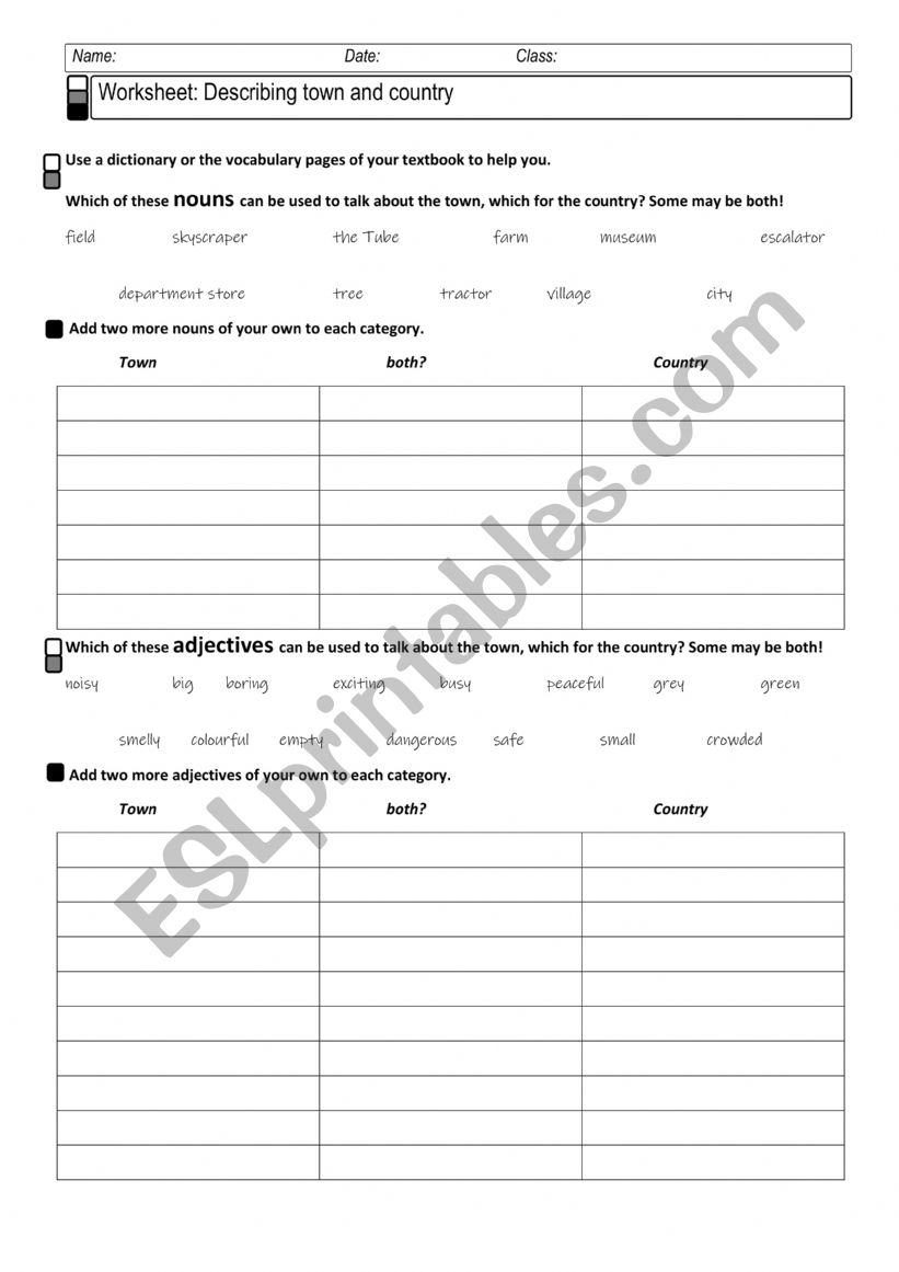 Describing town and country worksheet