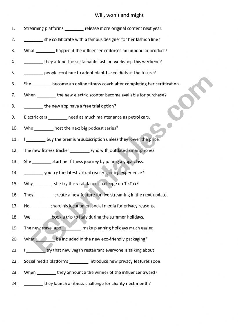 Will, won�t and might 3 worksheet