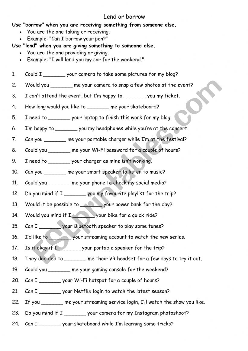 Lend or borrow  worksheet