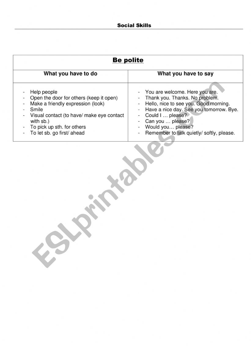 Social skills  worksheet