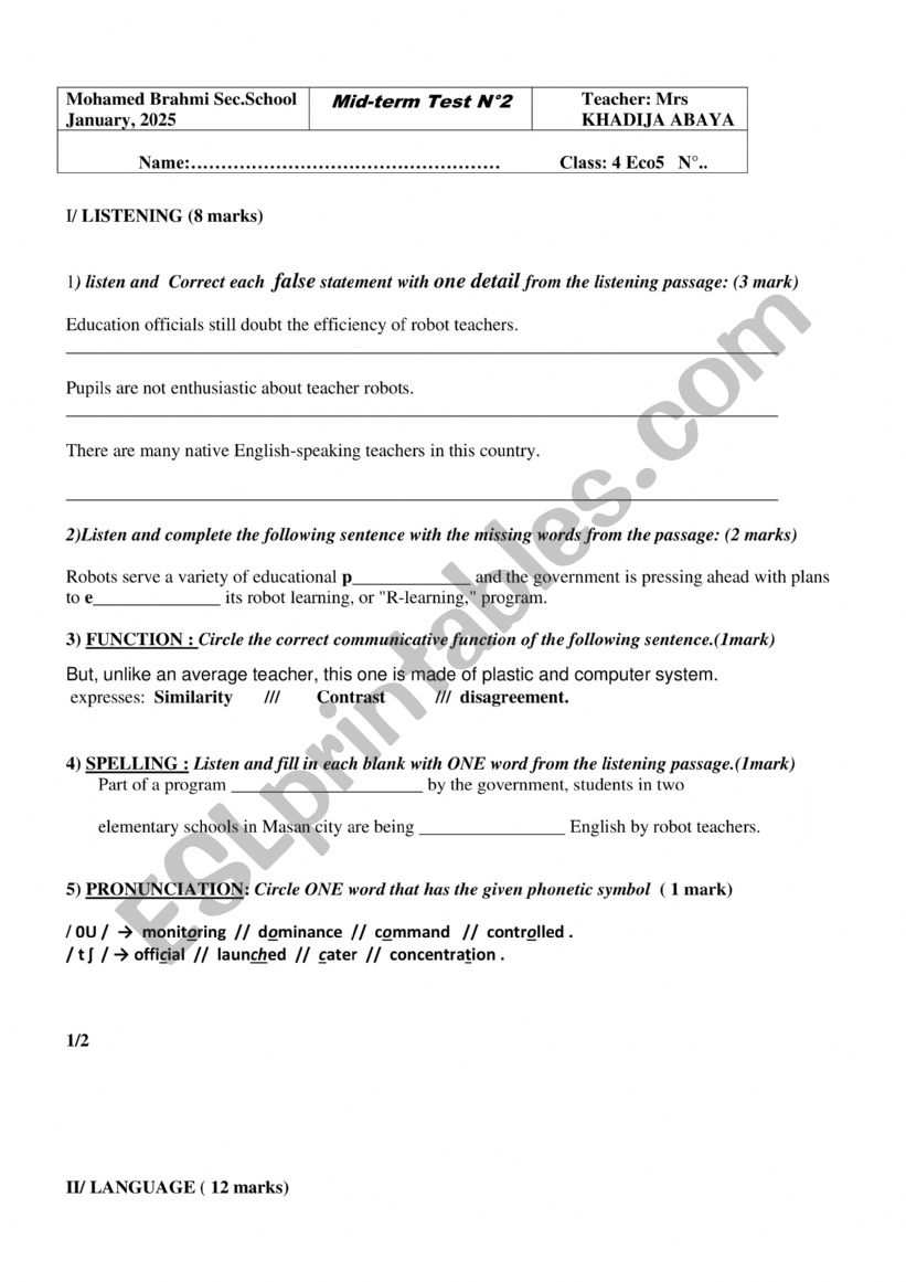 Mid-term2 test ( Bac) worksheet