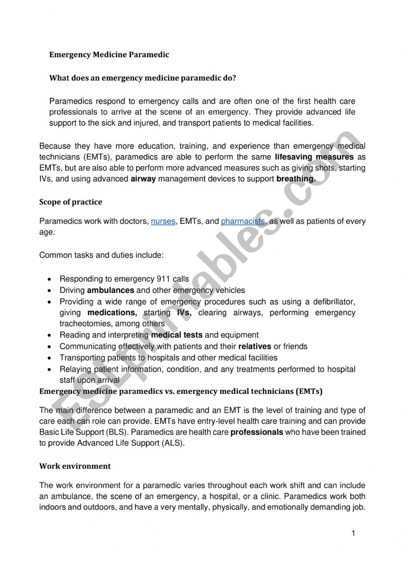 Emergency Medicine Paramedic  worksheet