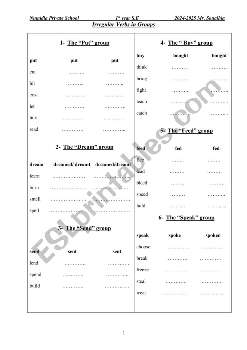 irregular verbs worksheet