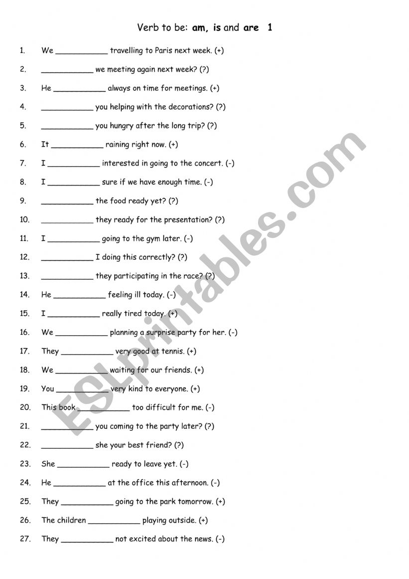 Verb to be am, is and are  1 worksheet