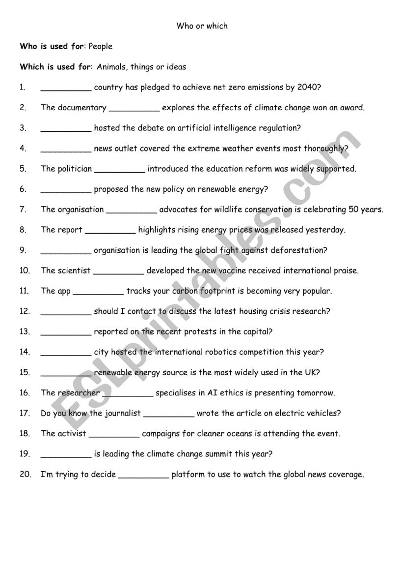 Who or which 5 worksheet