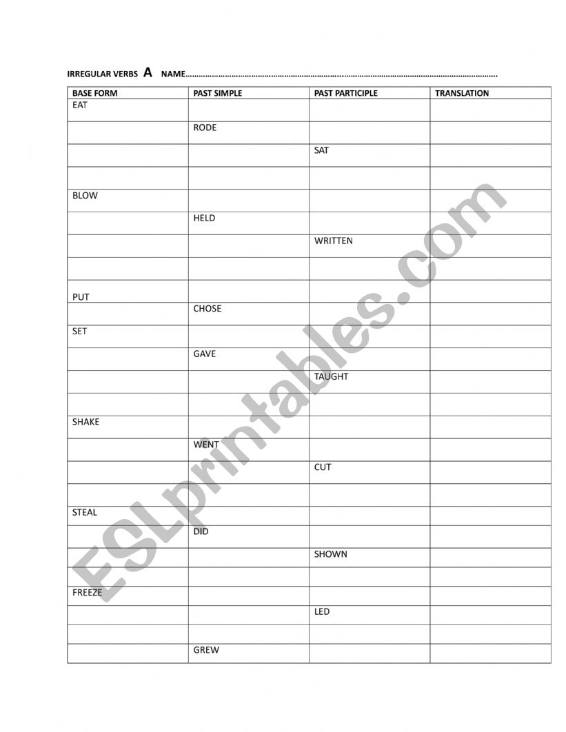 Irregular Verbs EXAM worksheet