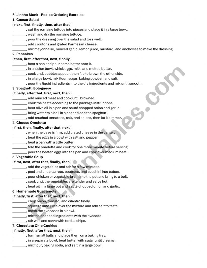 Recipes with sequence adverbs worksheet