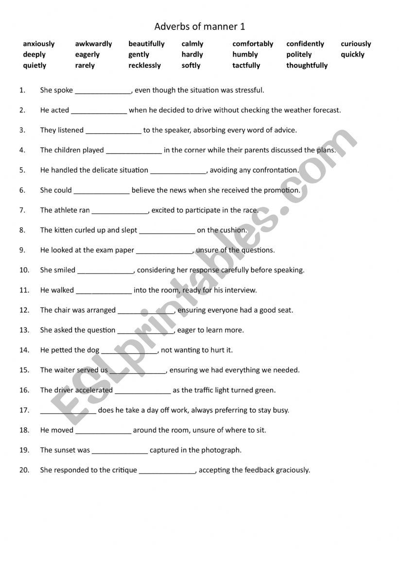 20 Adverbs of manner 1 worksheet