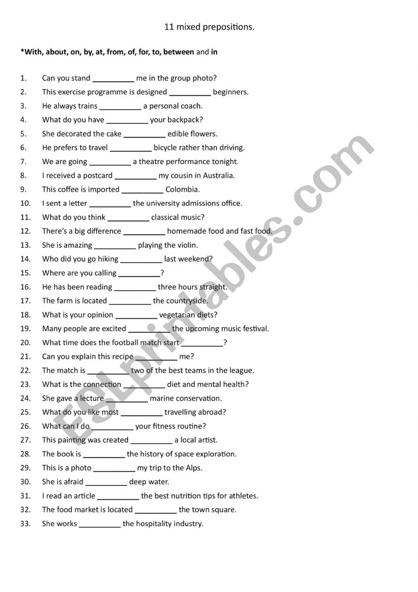 Nouns + Prepositions 1 a worksheet