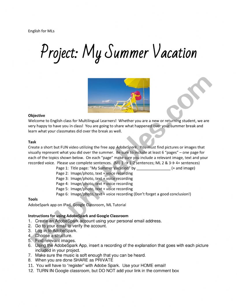 My Summer Vacation worksheet