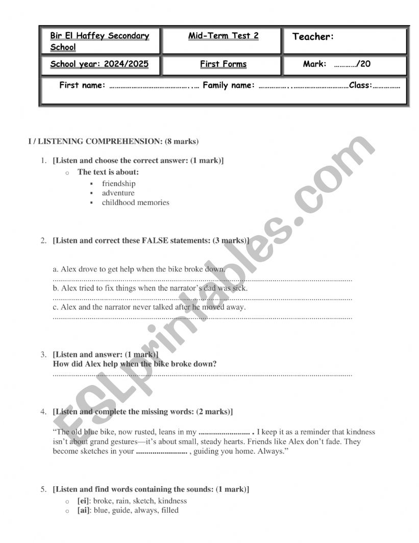  mid-term 2 First Secondary worksheet