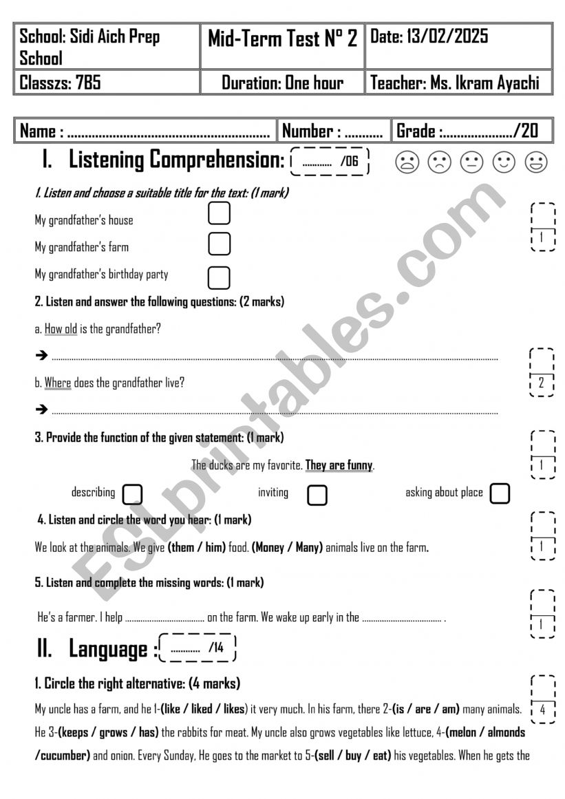 7th Grade - Mid-Term Test 2 worksheet